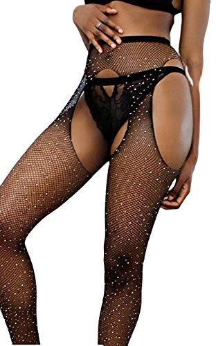 AMUSTER Damen Mesh Strumpfhosen Sexy Frauen Fischnetz Strumpfhosen Geöffneter Gabelung Mesh Strumpfhosen Glänzende Strass Strümpfe Spitze Netzstrumpfhose (Free size, Schwarz) von AMUSTER.DAN