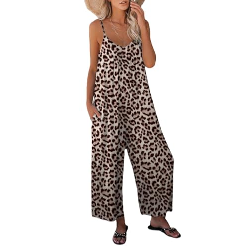 AMVNDFJB Damen Latzhose Sommer Lang Jumpsuit Oversize Arbeitshose Cargohose Leoparden Overall Einteiler Breite Bein Bib Pants mit großer Tasche Ärmellos Jumper Spielanzug Onesie StrampelhöSchen von AMVNDFJB