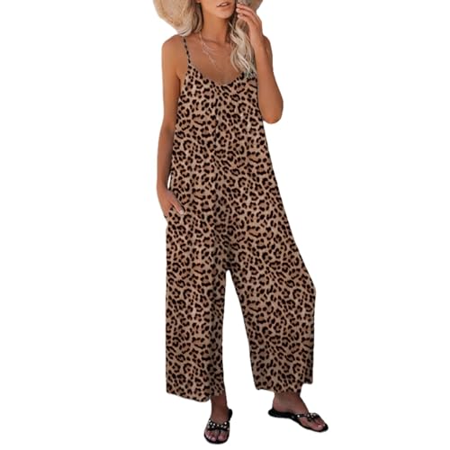 AMVNDFJB Damen Latzhose Sommer Lang Jumpsuit Oversize Arbeitshose Cargohose Leoparden Overall Einteiler Breite Bein Bib Pants mit großer Tasche Ärmellos Jumper Spielanzug Onesie StrampelhöSchen von AMVNDFJB