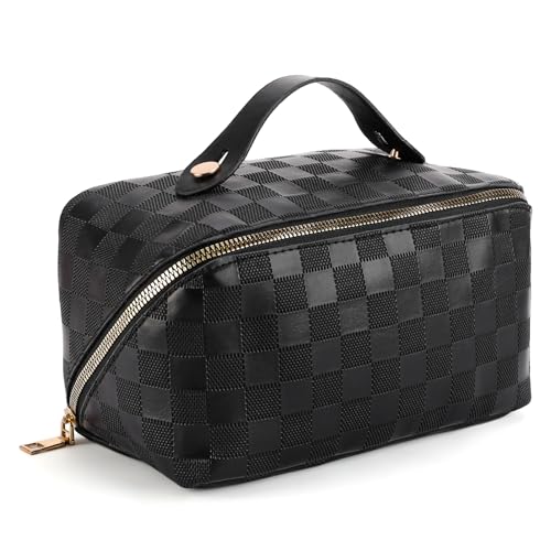 AMXNX Reise Kosmetiktasche Damen, Große Kapazität Tragbar Reise Make-up Tasche Wasserdichter, PU Leder Kulturbeutel Taschen für Frauen Kosmetikbeutel mit Fächern von AMXNX