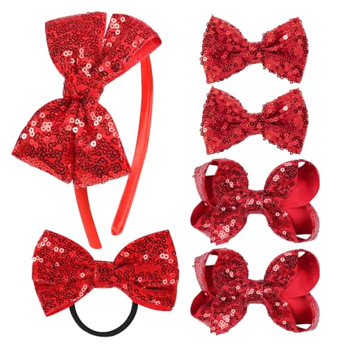 Pailletten Grosgrain Schleife Haarschmuck Geschenkset - 6 Stück Funkelnde Haarschleifen, Clips, Stirnband & Haargummi für kleine Mädchen und Kleinkinder (Rot) von AMYDECOR