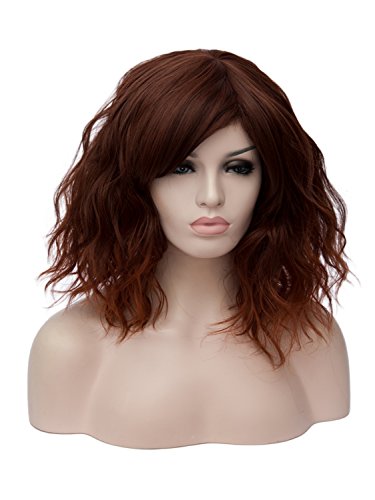 AMYHOME Damen Cosplay perücke Dunkelbraun ca.35cm Kurze Lockige Wellige Halloween Perücke Wig Mit Pony Natürliche Synthetische Hitzebeständige Kunsthaar Party Theater Alltag, Dunkelbraun von AMYHOME