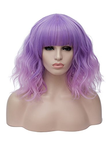 CLOCOLOR Damen Cosplay perücke Lila Ombre Pink ca.35cm Kurze Lockige Wellige Halloween Perücke Wig Mit Pony Natürliche Synthetische Hitzebeständige Kunsthaar Party Theater Alltag von AMYHOME