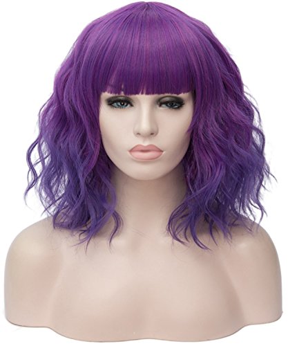 CLOCOLOR Damen Cosplay perücke Lila ca.35cm Kurze Lockige Wellige Halloween Perücke Wig Mit Pony Natürliche Synthetische Hitzebeständige Kunsthaar Party Theater Alltag von AMYHOME