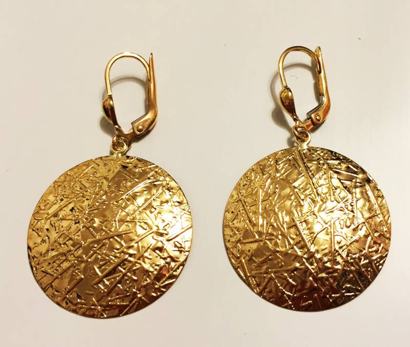 10K Solide Gelb/Weiß Gold Große Scheibe Baumelnde Ohrringe | 1, 50 "Zoll Länge Modeaussage von AMYKORYLINE