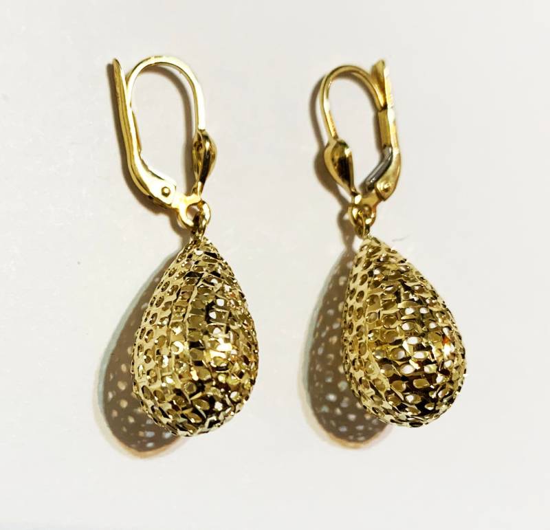 10K Solides Gelbgold Große 3D-Träne Baumelnde Ohrringe | 1, 40 "Zoll Mode-statement-Lever-Back-Massivholz von AMYKORYLINE