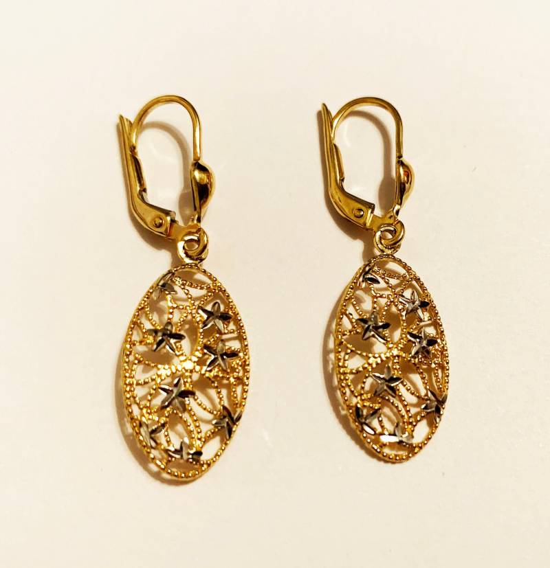 10K Solides Zweifarbiges Gold | 1, 25 "Zoll Ausgefallene Filigrane Baumelnde Ohrringe, Kunstwerk Ovaler Tropfen Massiv Lever-Back Ohrringe von AMYKORYLINE