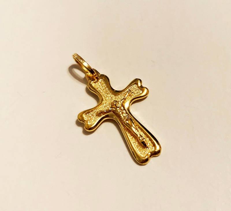 14K Solides Gelbgold | 1 "Zoll Ausgefallenes Einzigartiges Designkreuz, Kunstwerk Zurück Graviert Stilvolles Trendiges Massivgoldkruzifixkreuz Für von AMYKORYLINE
