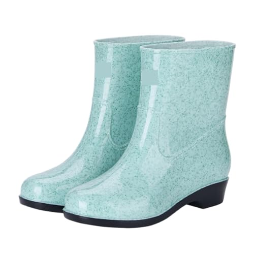 AMYSTY Wasserdticht Regenstiefel Damen Wasserschuhe Kurze Stöckelschuhe Mittelhohe Regenstiefel Wasserdichte Rutschfeste Gummischuhe Komfort Gummistiefel(Grün,36) von AMYSTY