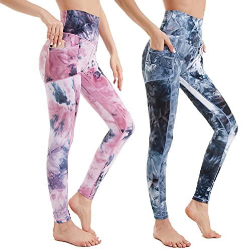 AMYTIS 2 Pack Sport Leggings Damen High Waist Yogahose mit Taschen Lang Sporthose Blickdicht Leggins Fitness Bunt Sportleggins,2XL lila schwarz von AMYTIS LINGERIE