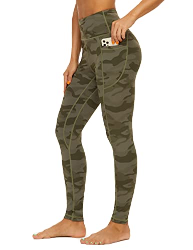 AMYTIS Damen Sport Leggings Yogahose High Waist mit Taschen Fitness Stretch Blickdicht Lang Gym Handytasche, Camouflage Army Green, L von AMYTIS LINGERIE