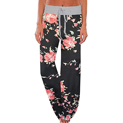 AMYTIS Damen Yogahose Stretch Freizeithose Bequeme Pyjamahose Schlafanzughose Lang Leichte Lounge Hose Hausanzug Hosen Relaxhose Fitness Sommer Weites Bein,BlackXz,M von AMYTIS LINGERIE