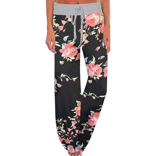 AMYTIS Damen Yogahose Stretch Freizeithose Bequeme Pyjamahose Schlafanzughose Lang Leichte Lounge Hose Hausanzug Hosen Relaxhose Fitness Sommer Weites Bein,BlackXz,L von AMYTIS LINGERIE