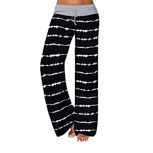 AMYTIS Damen Yogahose Stretch Freizeithose Bequeme Pyjamahose Schlafanzughose Lang Leichte Lounge Hose Hausanzug Hosen Relaxhose Fitness Sommer Weites Bein,Blackline,3XL von AMYTIS LINGERIE