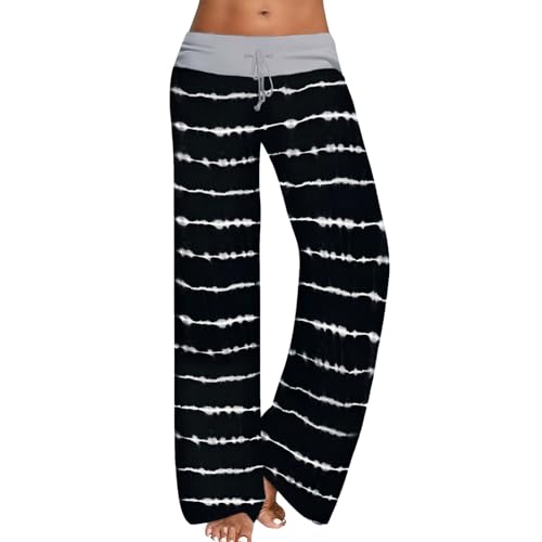 AMYTIS Damen Yogahose Stretch Freizeithose Bequeme Pyjamahose Schlafanzughose Lang Leichte Lounge Hose Hausanzug Hosen Relaxhose Fitness Sommer Weites Bein,Blackline,3XL von AMYTIS LINGERIE