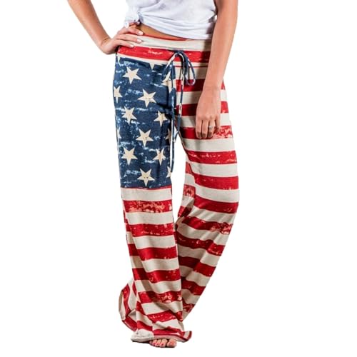 AMYTIS Damen Yogahose Stretch Freizeithose Bequeme Pyjamahose Schlafanzughose Lang Leichte Lounge Hose Hausanzug Hosen Relaxhose Fitness Sommer Weites Bein,Flag#0433,S von AMYTIS LINGERIE