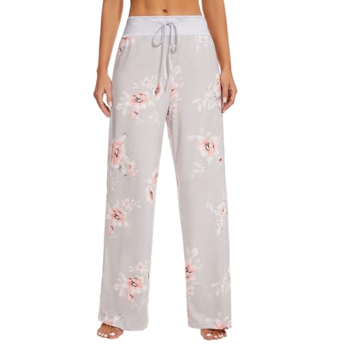 AMYTIS Damen Yogahose Stretch Freizeithose Bequeme Pyjamahose Schlafanzughose Lang Leichte Lounge Hose Hausanzug Hosen Relaxhose Fitness Sommer Weites Bein,Grey#052,XL von AMYTIS LINGERIE