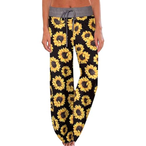 AMYTIS Damen Yogahose Stretch Freizeithose Bequeme Pyjamahose Schlafanzughose Lang Leichte Lounge Hose Hausanzug Hosen Relaxhose Fitness Weites Bein,Black#0580,L von AMYTIS LINGERIE