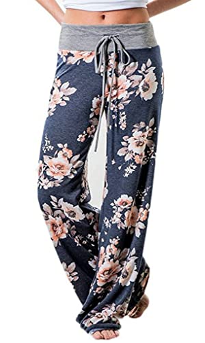 AMYTIS Damen Yogahose Stretch Freizeithose Bequeme Pyjamahose Schlafanzughose Lang Leichte Lounge Hose Hausanzug Hosen Relaxhose Fitness Sommer Weites Bein,Blue#054,M von AMYTIS LINGERIE