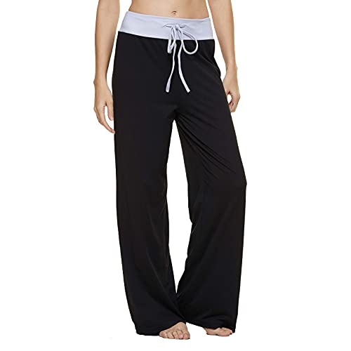 AMYTIS Damen Yogahose Stretch Freizeithose Bequeme Pyjamahose Schlafanzughose Lang Leichte Lounge Hose Hausanzug Hosen Relaxhose Fitness Sommer Weites Bein,PureBlack,XXL von AMYTIS LINGERIE