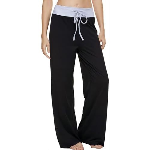 AMYTIS Damen Yogahose Stretch Freizeithose Bequeme Pyjamahose Schlafanzughose Lang Leichte Lounge Hose Hausanzug Hosen Relaxhose Fitness Sommer Weites Bein,PureBlack,XXL von AMYTIS LINGERIE
