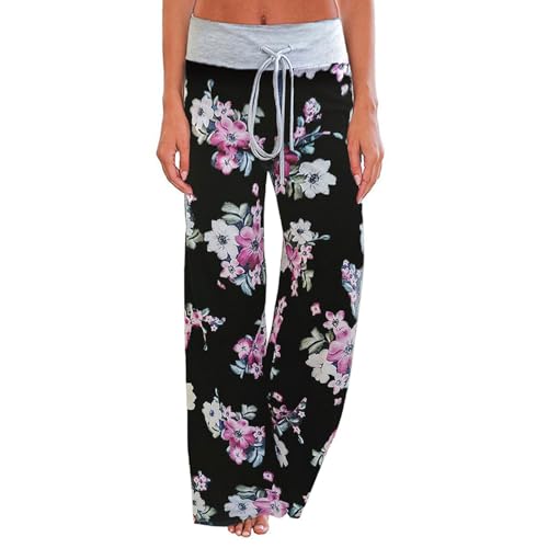 AMYTIS Damen Yogahose Stretch Freizeithose Bequeme Pyjamahose Schlafanzughose Lang Leichte Lounge Hose Hausanzug Hosen Relaxhose Sommerhose Weites Bein von AMYTIS LINGERIE