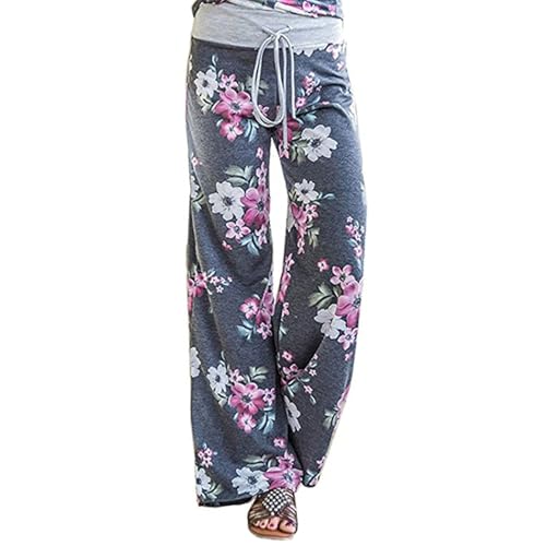 AMYTIS LINGERIE Damen Blumenmuster Weite Bein Lange Hose Schlafanzughose weich Pyjamahose Fitness Freizeithose Strandhose Weites Bein Hose S-XXXL von AMYTIS LINGERIE
