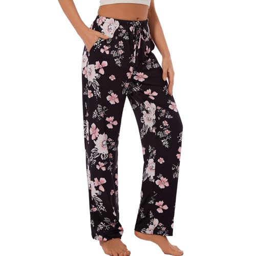AMYTIS LINGERIE Damen Pyjamahose mit Taschen Loungehose Schlafanzughose Freizeithose Bequeme Weiche Schlafhose,0580 schwarz,S von AMYTIS LINGERIE