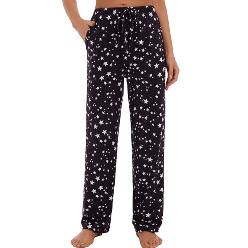 AMYTIS LINGERIE Damen Pyjamahose mit Taschen Loungehose Schlafanzughose Freizeithose Bequeme Weiche Schlafhose,Star,S von AMYTIS LINGERIE