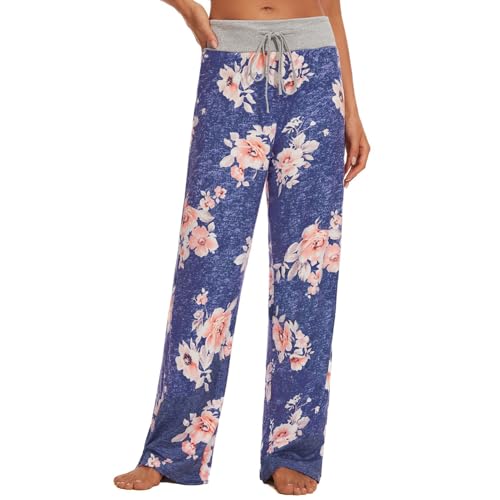 AMYTIS LINGERIE Damen Yoga-Hose Schlafanzughose weich Pyjamahose Fitness Lange Stretch Drawstring Hosen Freizeithose Strandhose Weites Bein Hose,Blue#054,XXXL von AMYTIS LINGERIE
