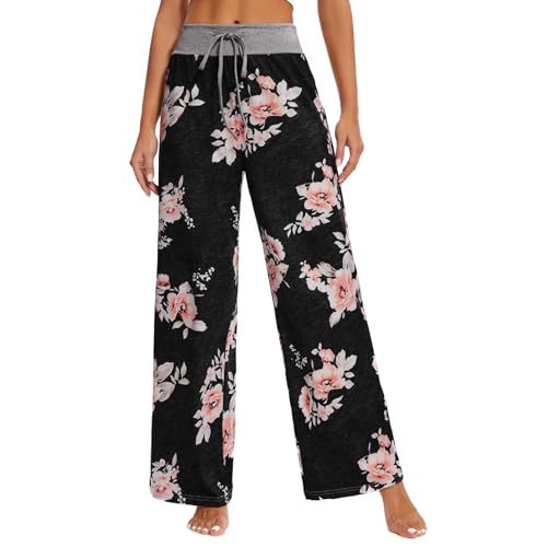 AMYTIS LINGERIE Damen Yoga-Hose Schlafanzughose weich Pyjamahose Fitness Lange Stretch Drawstring Hosen Freizeithose Strandhose Weites Bein Hose,BLACK#0486,XXL von AMYTIS LINGERIE