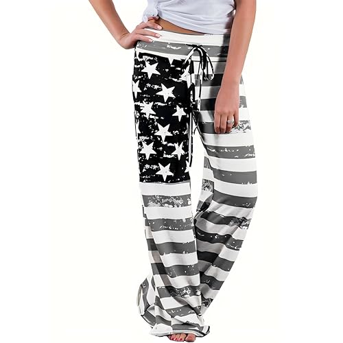 AMYTIS LINGERIE Damen Yoga-Hose Schlafanzughose weich Pyjamahose Fitness Lange Stretch Drawstring Hosen Freizeithose Strandhose Weites Bein Hose, Gray Flag, L von AMYTIS LINGERIE
