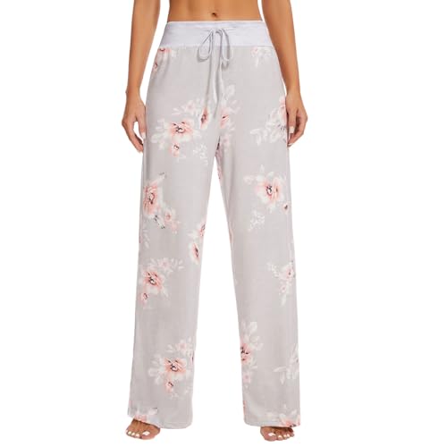 AMYTIS LINGERIE Damen Yoga-Hose Schlafanzughose weich Pyjamahose Fitness Lange Stretch Drawstring Hosen Freizeithose Strandhose Weites Bein Hose,GREY#052,XXL von AMYTIS LINGERIE