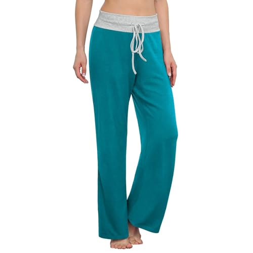 AMYTIS LINGERIE Damen Yoga-Hose Schlafanzughose weich Pyjamahose Fitness Lange Stretch Drawstring Hosen Freizeithose Strandhose Weites Bein Hose,Lake Blue,XXL von AMYTIS LINGERIE