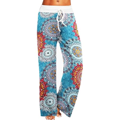AMYTIS LINGERIE Damen Yoga-Hose Schlafanzughose weich Pyjamahose Fitness Lange Stretch Drawstring Hosen Freizeithose Strandhose Weites Bein Hose,Blue#0623,XL von AMYTIS LINGERIE