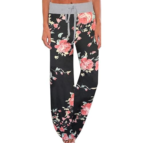 AMYTIS LINGERIE Damen Yoga-Hose Schlafanzughose weich Pyjamahose Fitness Lange Stretch Drawstring Hosen Freizeithose Strandhose Weites Bein Hose,XZ BLACK,S von AMYTIS LINGERIE