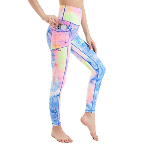 AMYTIS Sport Leggings Damen High Waist Yogahose mit Handyfach Lang Sporthose Blickdicht Leggins Fitness Bunt Sportleggins,XL hellblau von AMYTIS LINGERIE