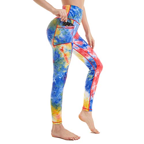 AMYTIS Sport Leggings Damen High Waist Yogahose mit Handyfach Lang Sporthose Blickdicht Leggins Fitness Bunt Sportleggins,XL rot schwarz von AMYTIS LINGERIE