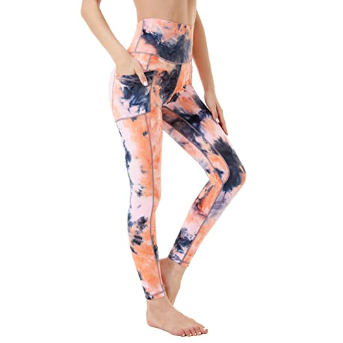 AMYTIS Sport Leggings Damen High Waist Yogahose mit Handyfach Lang Sporthose Blickdicht Leggins Fitness Bunt Sportleggins,S orangeschwarz von AMYTIS LINGERIE