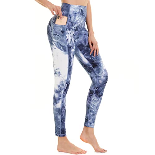 AMYTIS Sport Leggings Damen High Waist Yogahose mit Taschen Lang Sporthose Blickdicht Leggins Fitness Bunt Sportleggins,L blau von AMYTIS LINGERIE