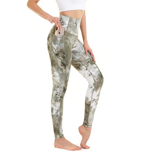 AMYTIS Sport Leggings Damen High Waist Yogahose mit Taschen Lang Sporthose Blickdicht Leggins Fitness Bunt Sportleggins,S Grün von AMYTIS LINGERIE