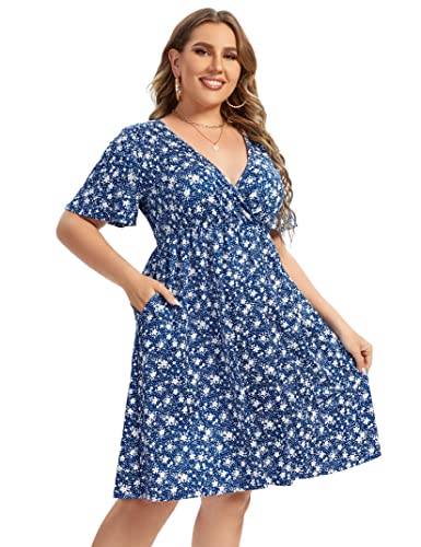 AMZ PLUS Plus Size Casual Kleid Damen V Ausschnitt A-Linie Knielang Wickelkleid Swing Kleider Plus Size A Linie Party Minikleid, Blau, 5X-Groß von AMZ PLUS