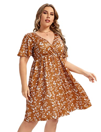 AMZ PLUS Plus Size Casual Kleid Damen V Ausschnitt A-Linie Knielang Wickelkleid Swing Kleider Plus Size A Linie Party Minikleid, Gelbf, X-Groß von AMZ PLUS