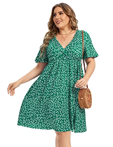AMZ PLUS Plus Size Casual Kleid Damen V Ausschnitt A-Linie Knielang Wickelkleid Swing Kleider Plus Size A Linie Party Minikleid, Greenf, 3X-Groß von AMZ PLUS