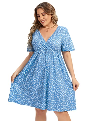 AMZ PLUS Plus Size Casual Kleid Damen V Ausschnitt A-Linie Knielang Wickelkleid Swing Kleider Plus Size A Linie Party Minikleid, Himmelblau, 5X-Groß von AMZ PLUS