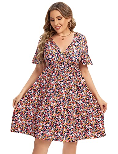 AMZ PLUS Plus Size Freizeitkleid Damen V Ausschnitt A-Linie Knielang Wickelkleid Swing Kleider Plus Size A Linie Party Minikleid, Redf, XX-Large von AMZ PLUS