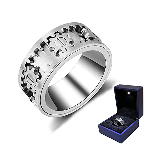 AMZCOM Spinnerring Damen Herren Drehring mit Geschenkebox, Fashion Herren Band Ring, Zahnrad Mechanik Täglicher Ring, Zappelringe Zahnradring der Sich bewegt,Freundschaftsringe,8 von AMZCOM