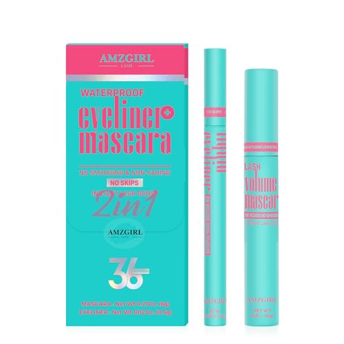 Set aus schwarzer Mascara und flüssigem Eyeliner, wasserfestes schwarzes Augen-Makeup-Set - Verschönern Sie Ihren Blick mit natürlichem, dauerhaftem Schwung für die Wimpern und pigmentiertem(V14) von AMZGIRL LASH