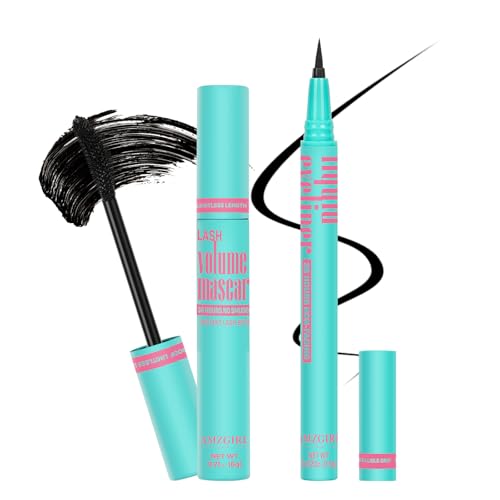 Set aus schwarzer Mascara und flüssigem Eyeliner, wasserfestes schwarzes Augen-Makeup-Set - Verschönern Sie Ihren Blick mit natürlichem, dauerhaftem Schwung für die Wimpern und pigmentiertem(V15) von AMZGIRL LASH