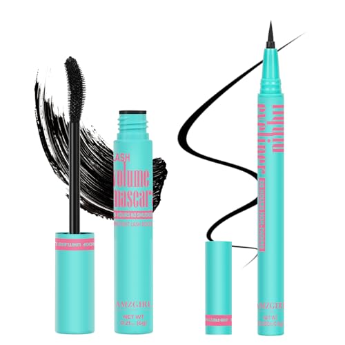 Set aus schwarzer Mascara und flüssigem Eyeliner, wasserfestes schwarzes Augen-Makeup-Set - Verschönern Sie Ihren Blick mit natürlichem, dauerhaftem Schwung für die Wimpern und pigmentiertem von AMZGIRL LASH